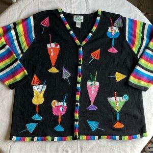 Quacker Factory 2X Vintage Black & Rainbow Long-Sleeved Tropical Drinks Cardigan